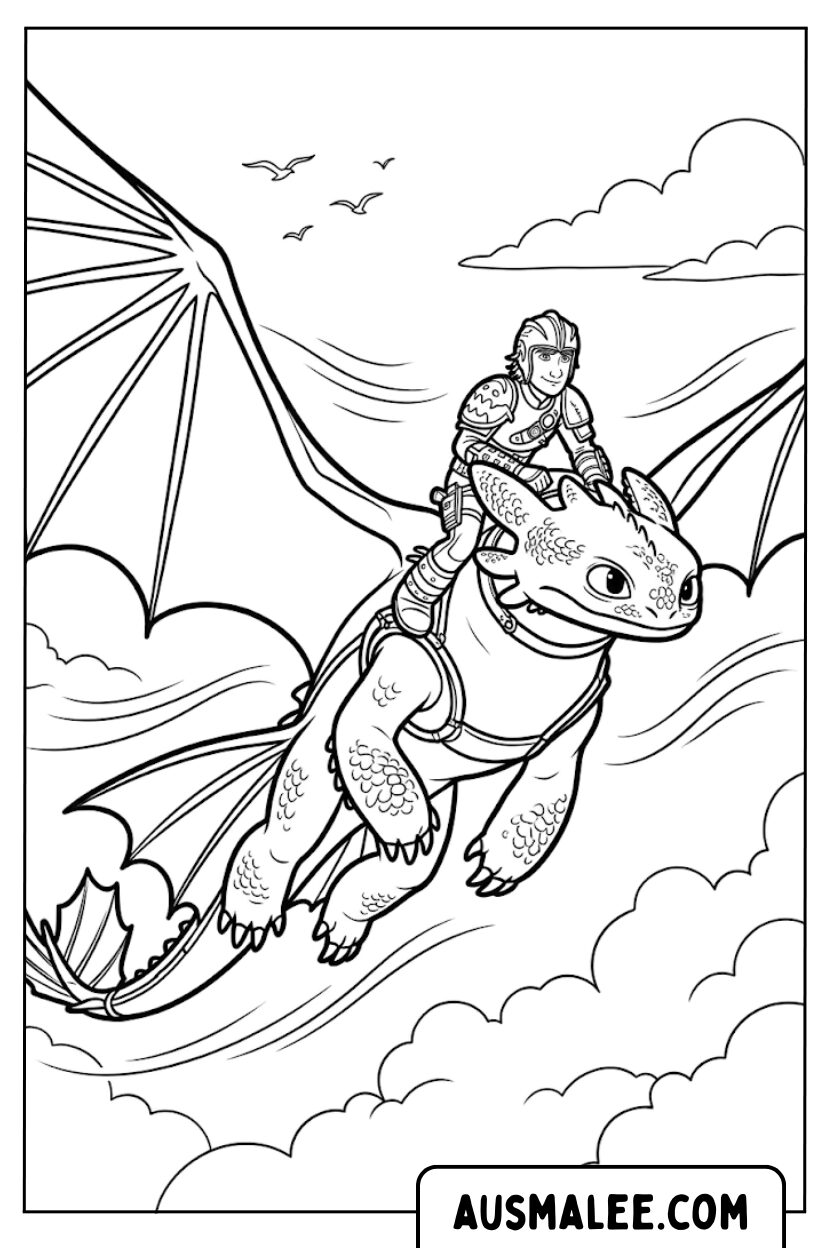Coloriages à colorier de Hiccup chevauche Toothless Sky