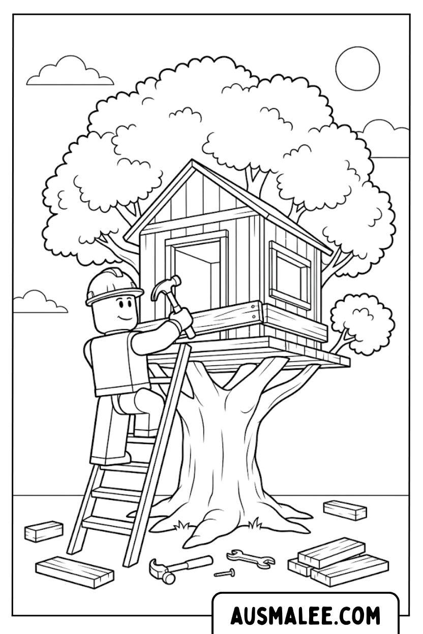 Coloriages Roblox pour la construction d'une cabane dans les arbres