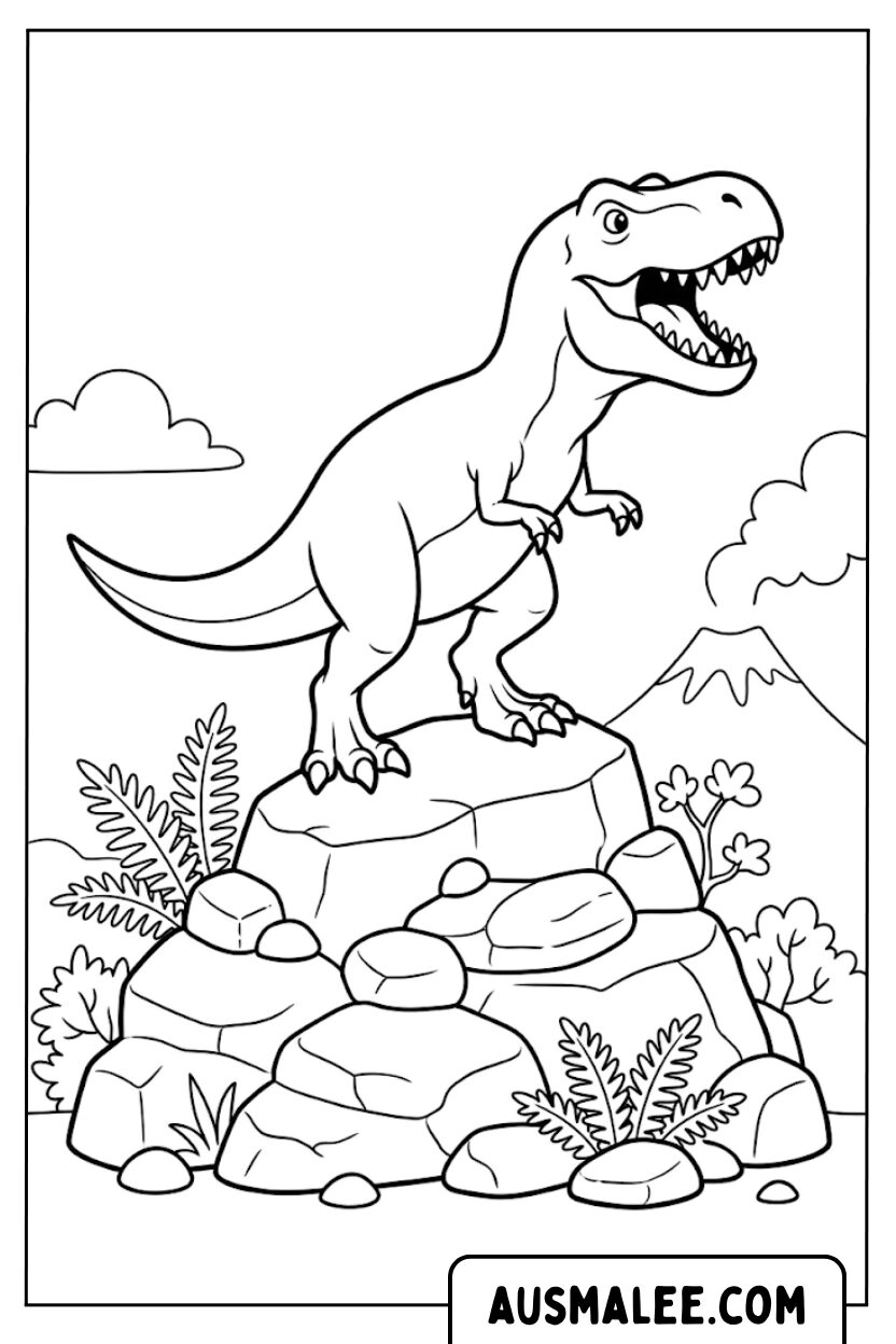 Kleurplaten T Rex op rotsen
