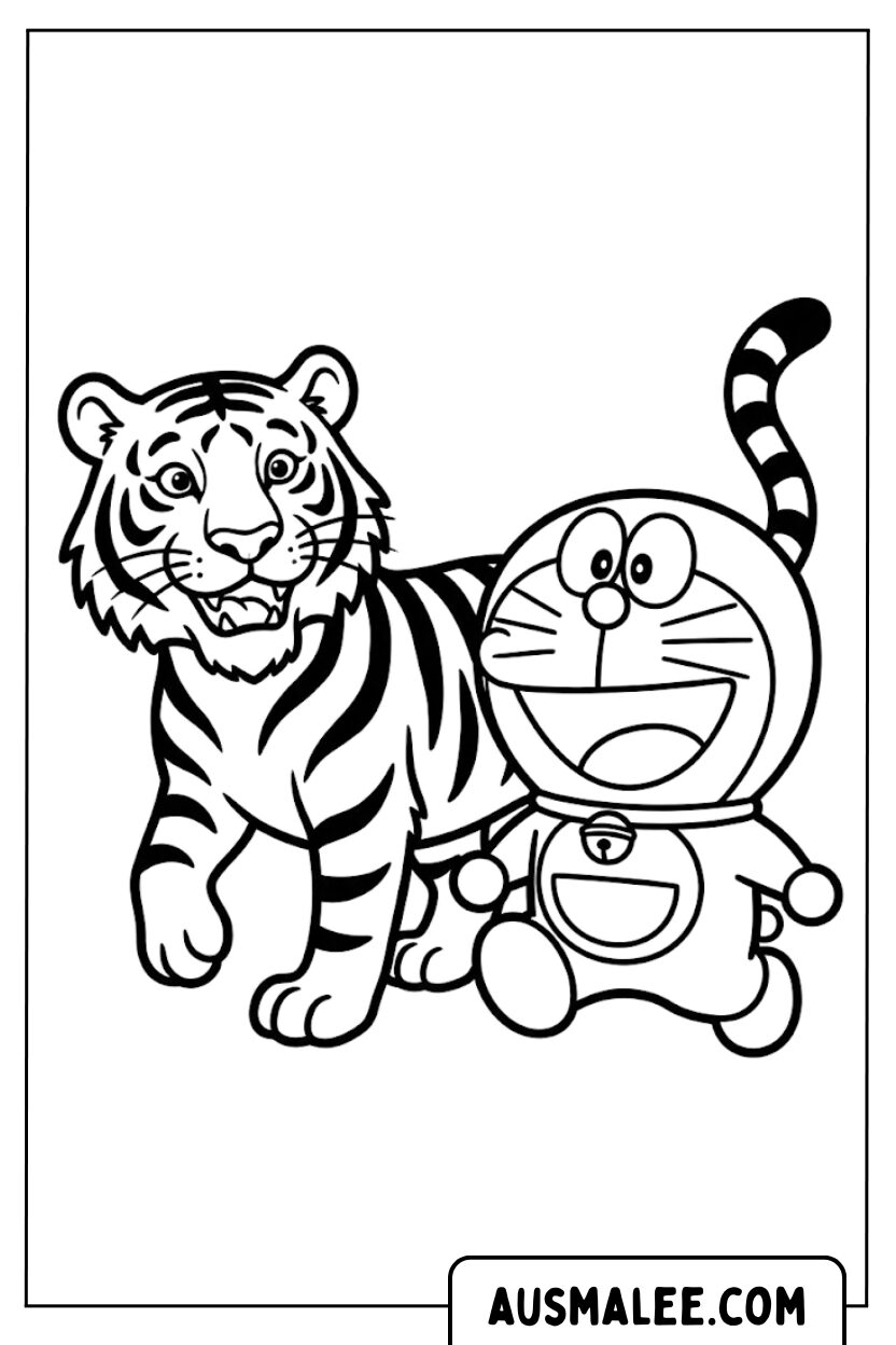 Kleurplaat Tijger en Doraemon