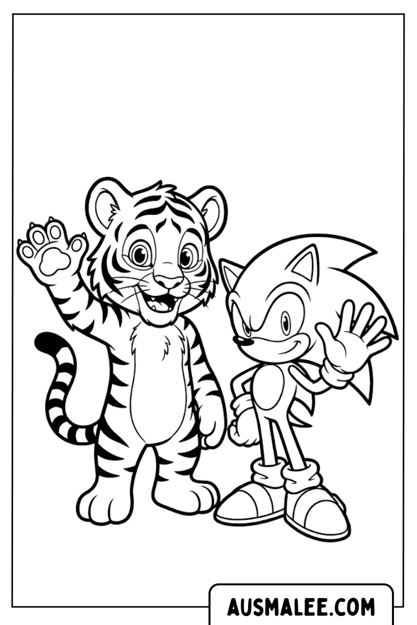 Kleurplaat Tijger en Sonic Zwaaien