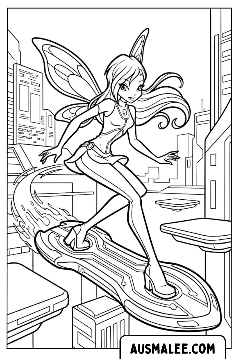 Winx Bloom hoverboard stad kleurplaten