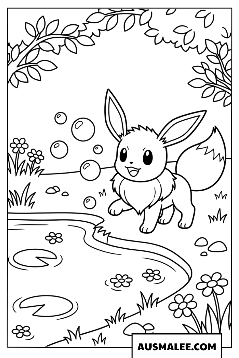 Coloriage Évoli près d'un petit étang aux canards