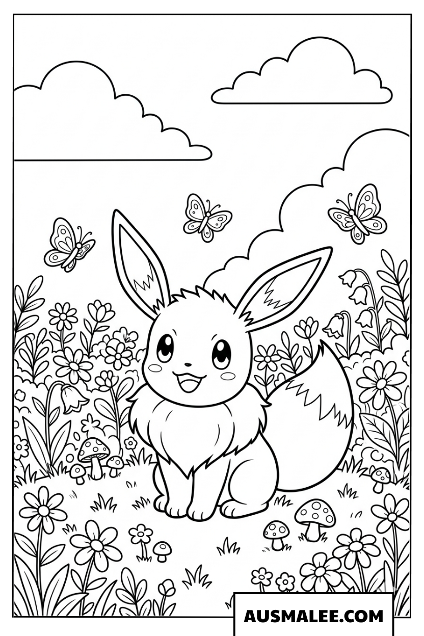 Coloriage Évoli dans một prairie fleurie