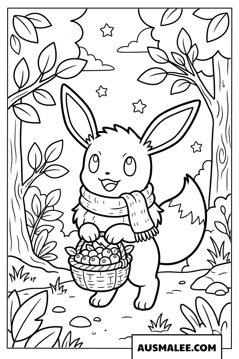 Coloriage Évoli avec un panier rempli de baies