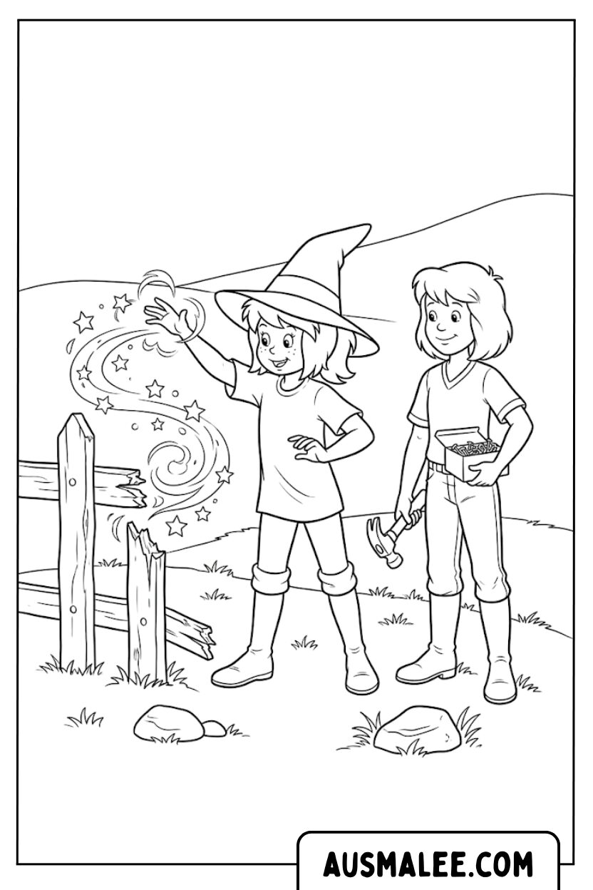 Coloriage Bibi répare une clôture avec magie