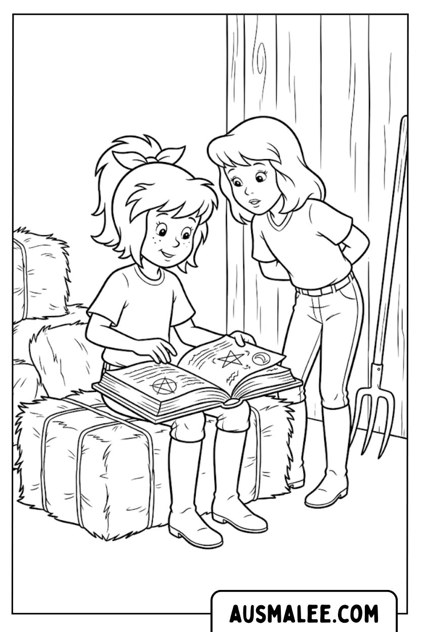 Coloriages Bibi et Tina lisent un livre de magie