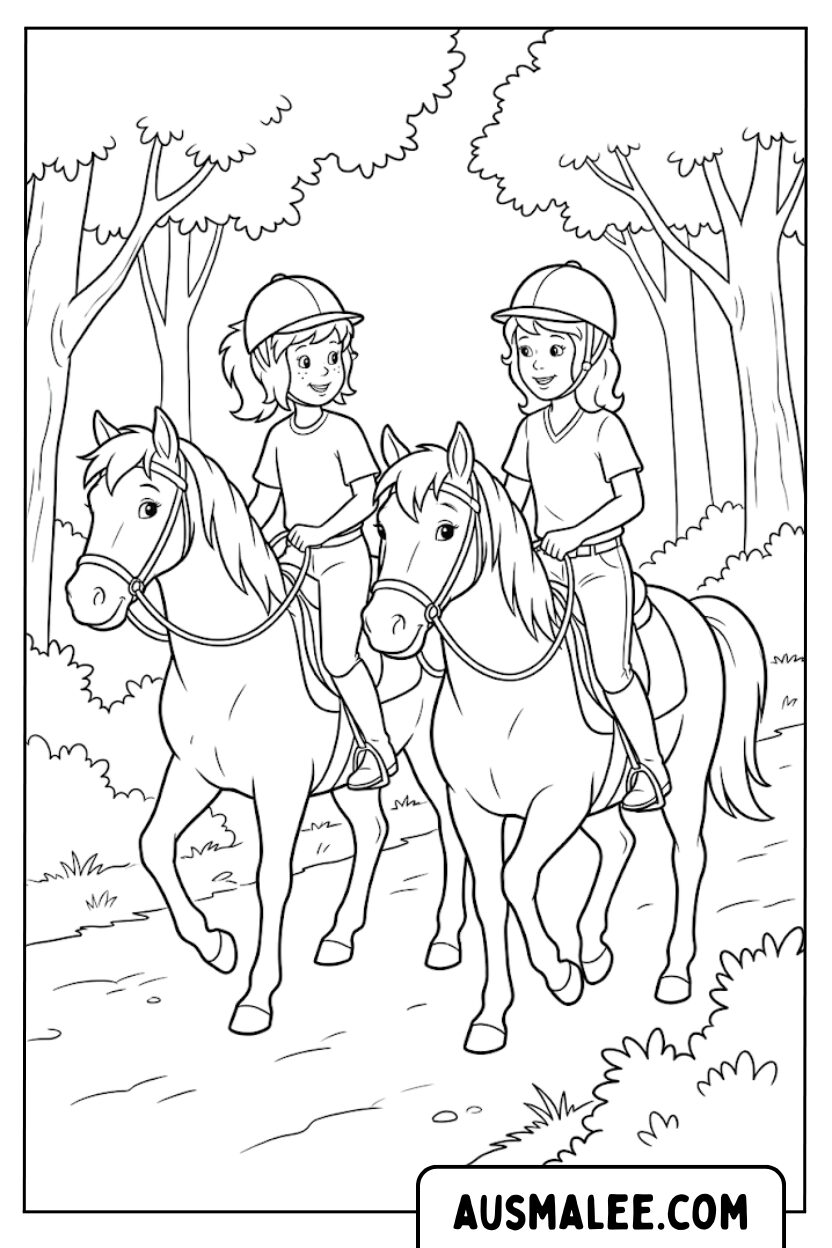 Coloriages Bibi et Tina chevauchent en forêt