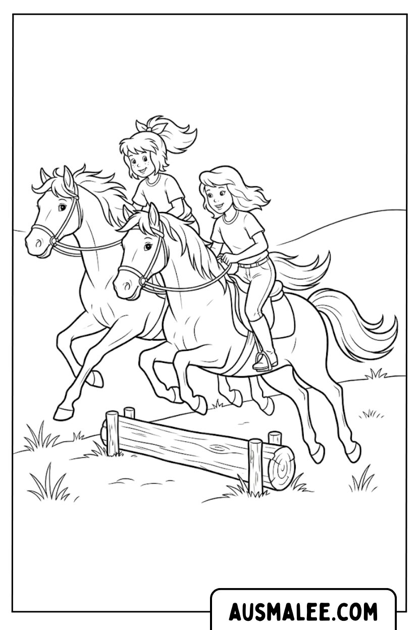 Coloriages Bibi et Tina sautant avec des chevaux