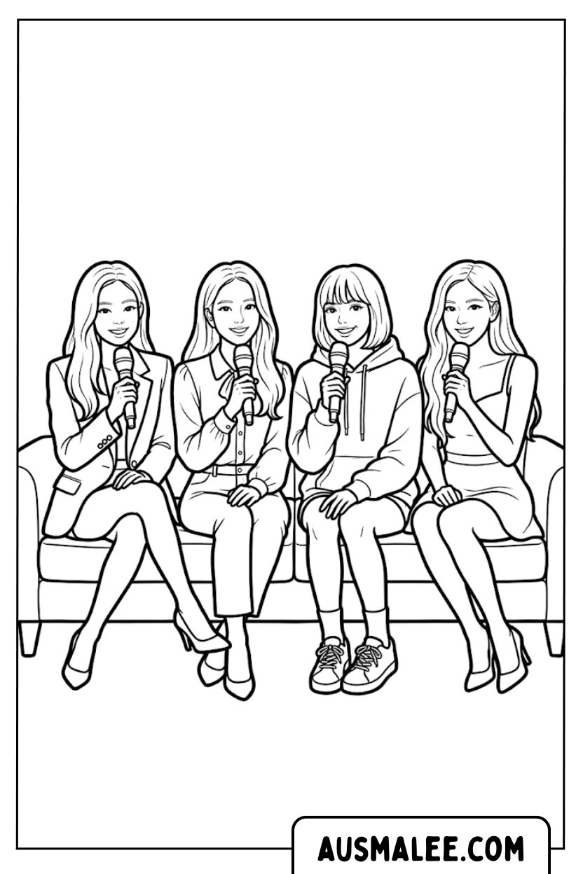 Pages de coloriage Blackpink, canapé de groupe, microphone