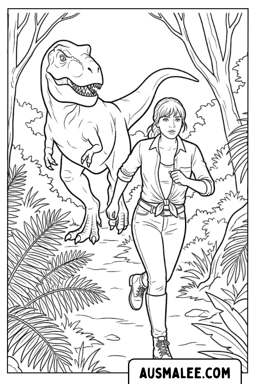 Claire Dearing Ontsnap aan T-Rex kleurplaat