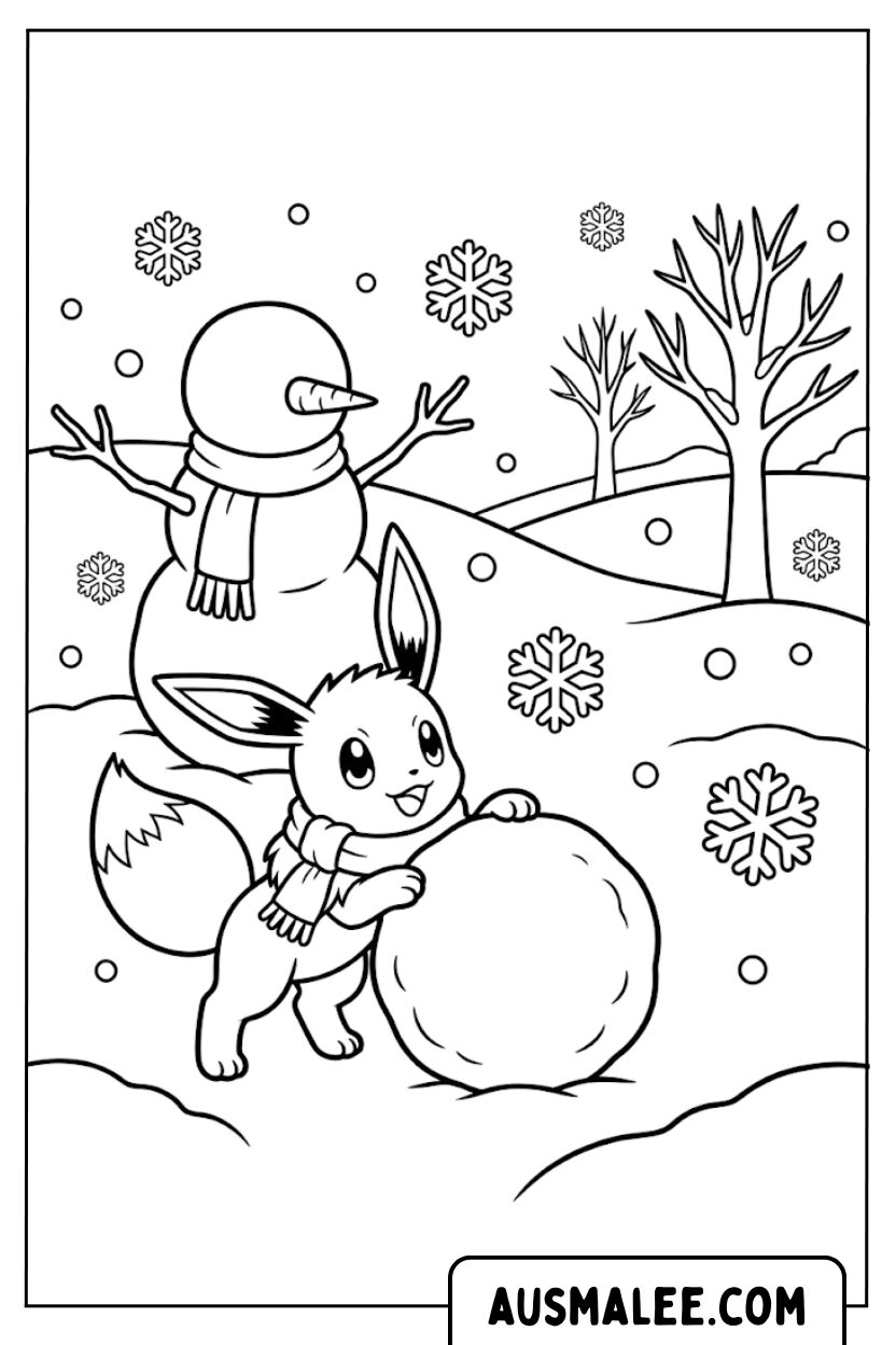 Coloriages Évoli dans la neige bonhomme de neige