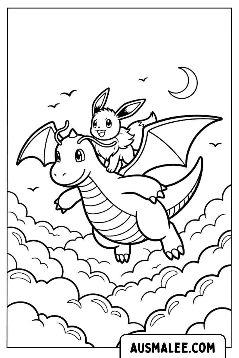 Coloriage Évoli chevauche un dragon