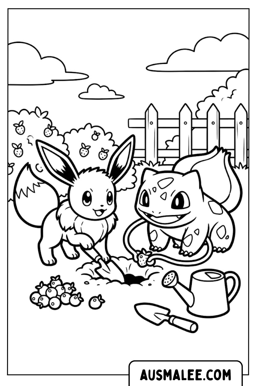 Coloriages Jardin d'Évoli et Bulbasaur