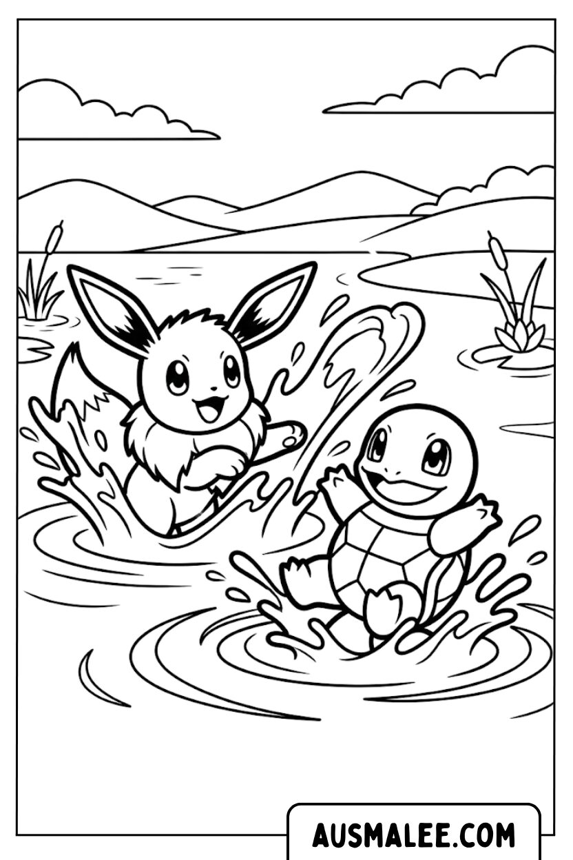 Coloriages Évoli et Carapuce dans l'eau