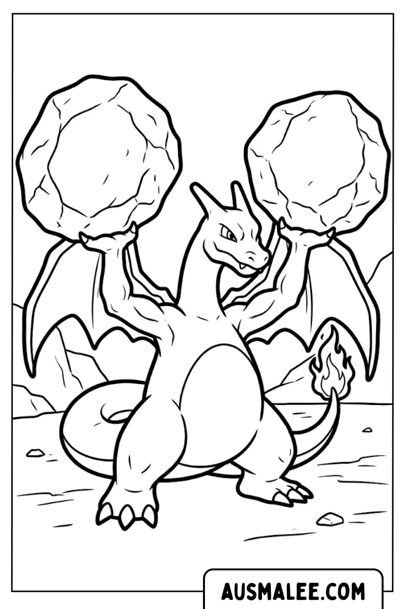 Coloring page Charizard lifts rocks