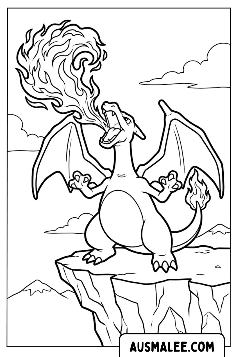 Coloring page Charizard spits fire mountain