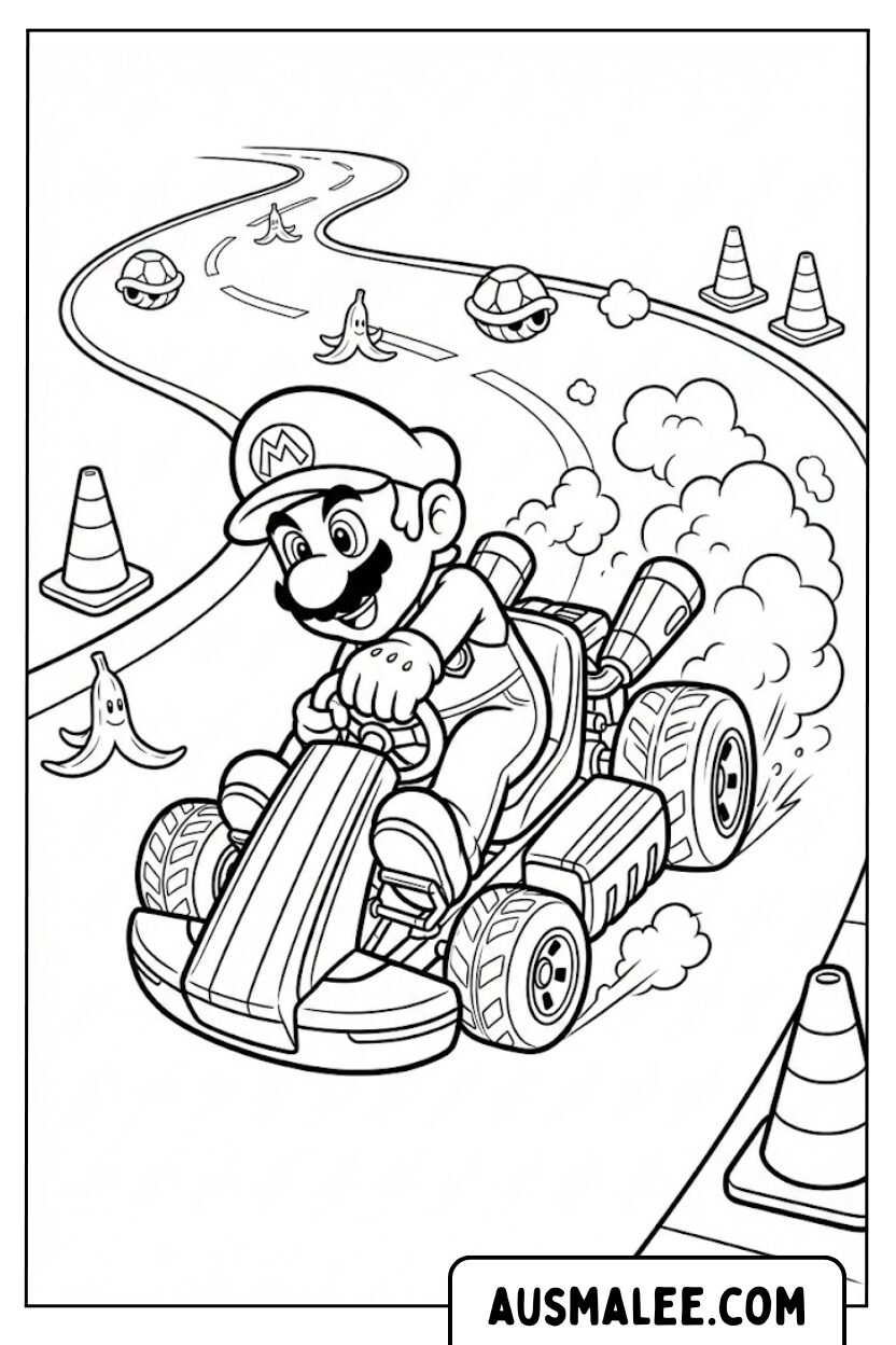 Mario Kart hindernissenparcours kleurplaten