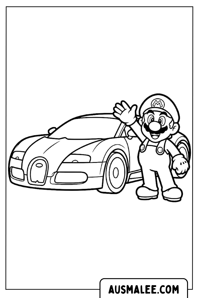 Malvorlagen Mario grüsst neben Bugatti