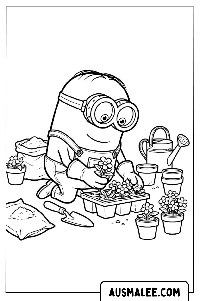 Coloriages Minion dans le jardin