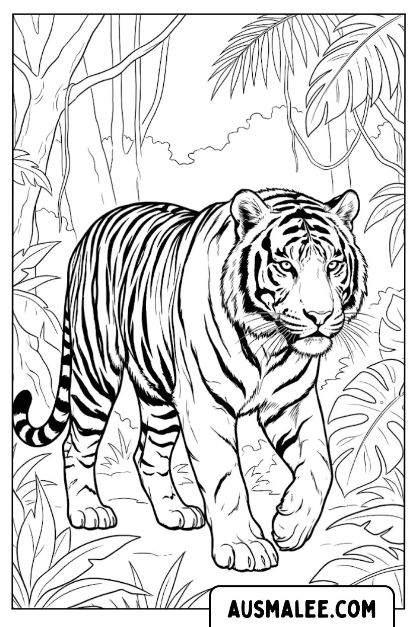 Kleurplaat Tijger Wandelt Jungle