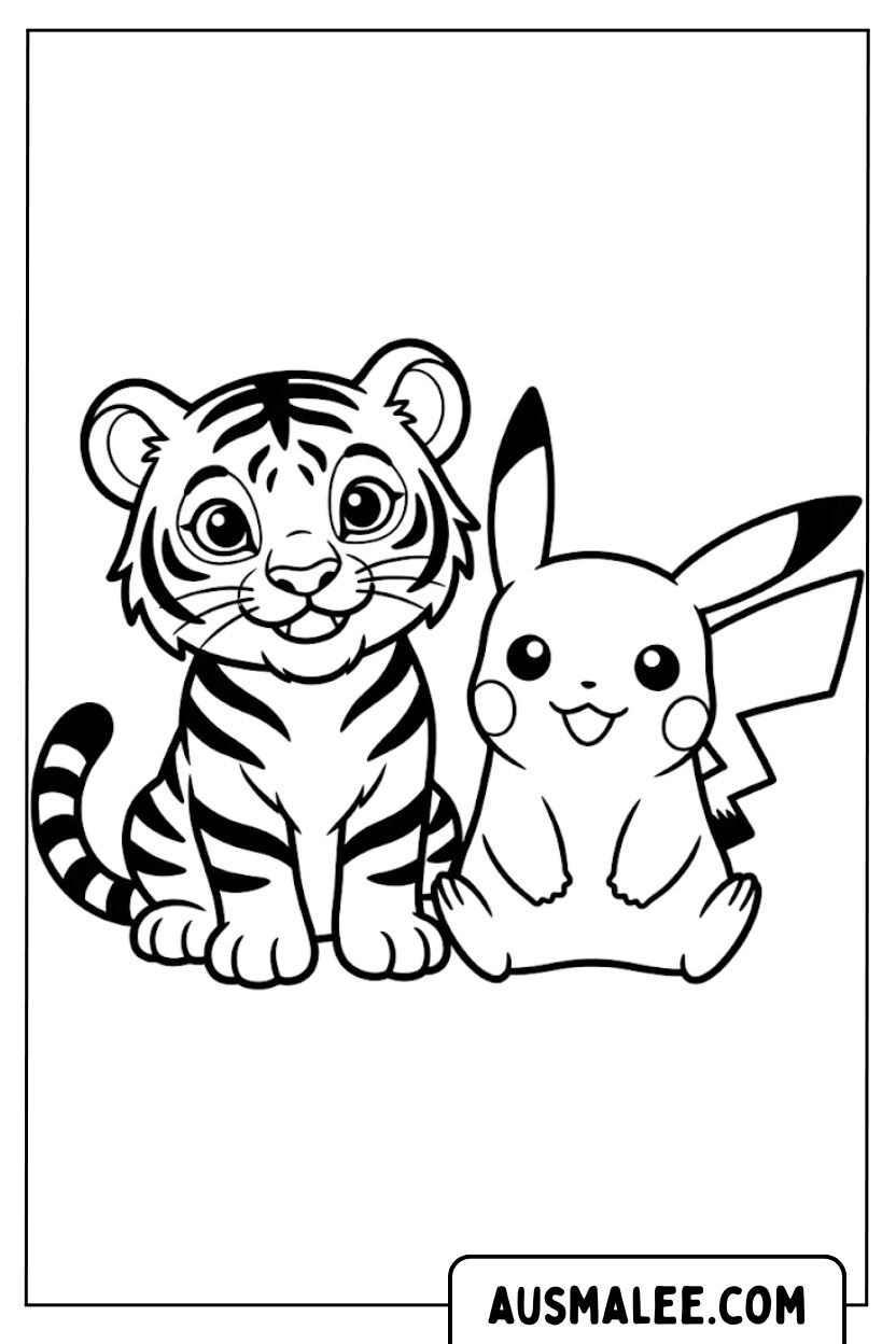 Kleurplaat Tijger en Pikachu