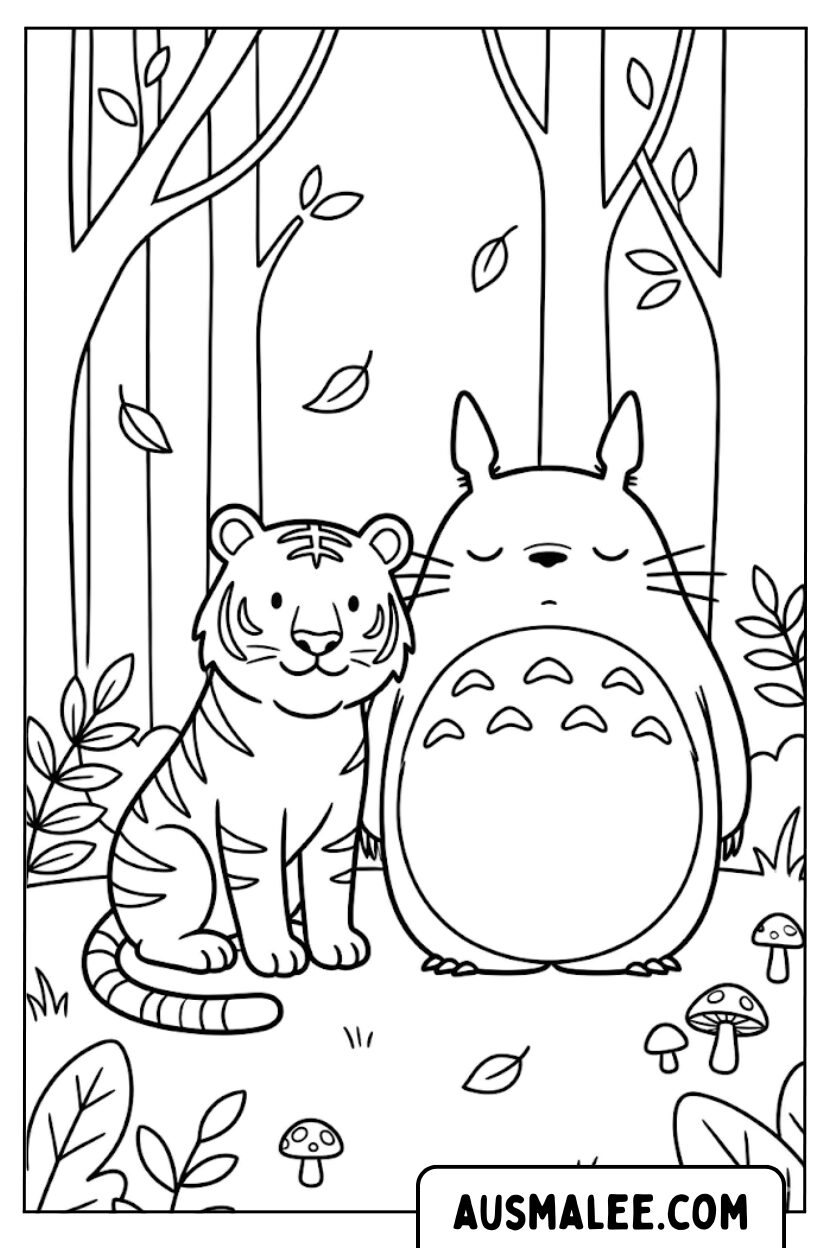 Kleurplaat Tijger en Totoro Bos