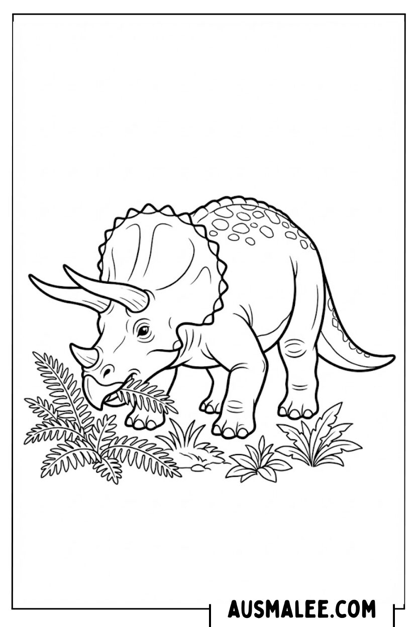 Kleurplaat Triceratops eet bladeren