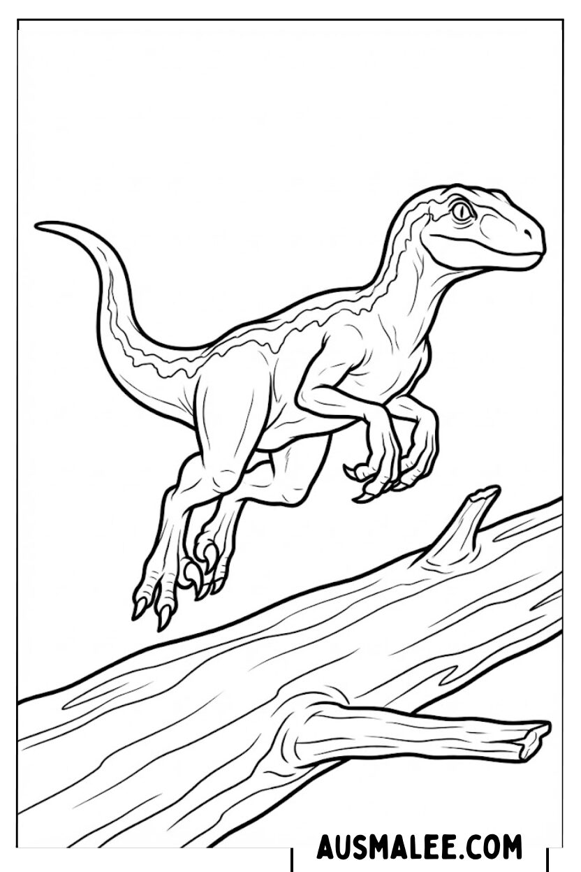 Kleurplaat Velociraptor springt over boomstam