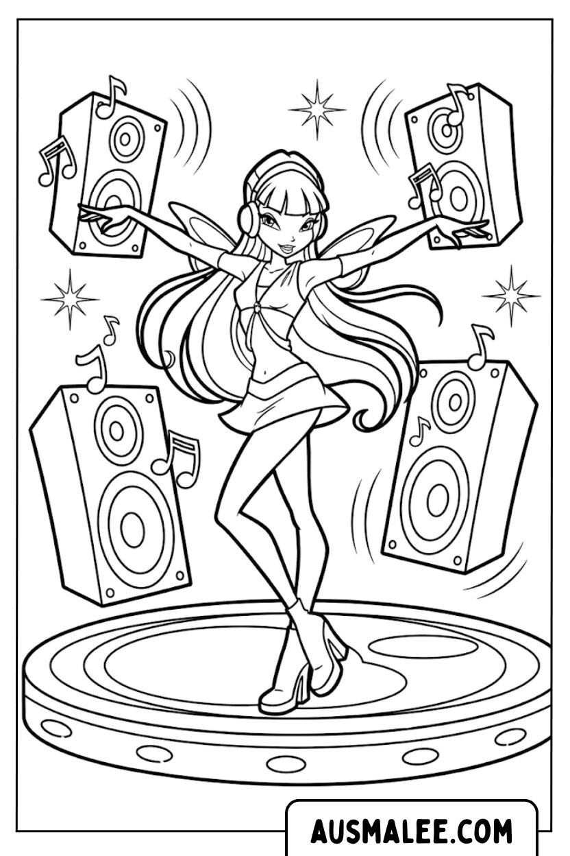 Kleurplaten Winx Musa DJ-luidsprekers