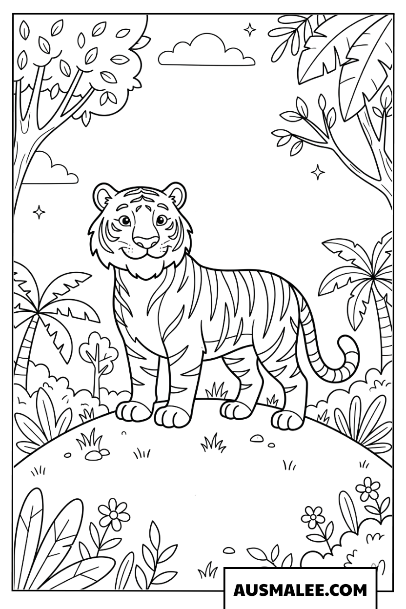 Tijger kleurplaat majestueus op een heuvel