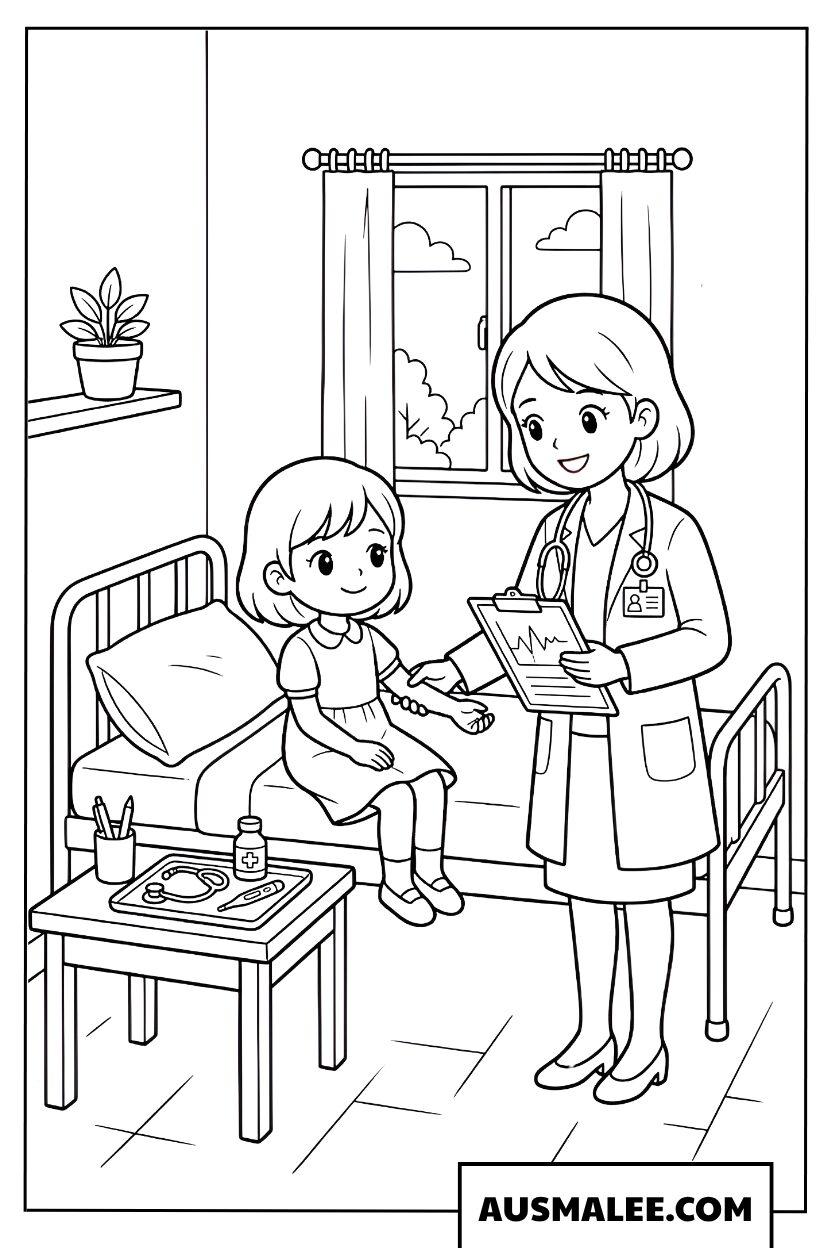 Infirmière anime avec enfant coloriage