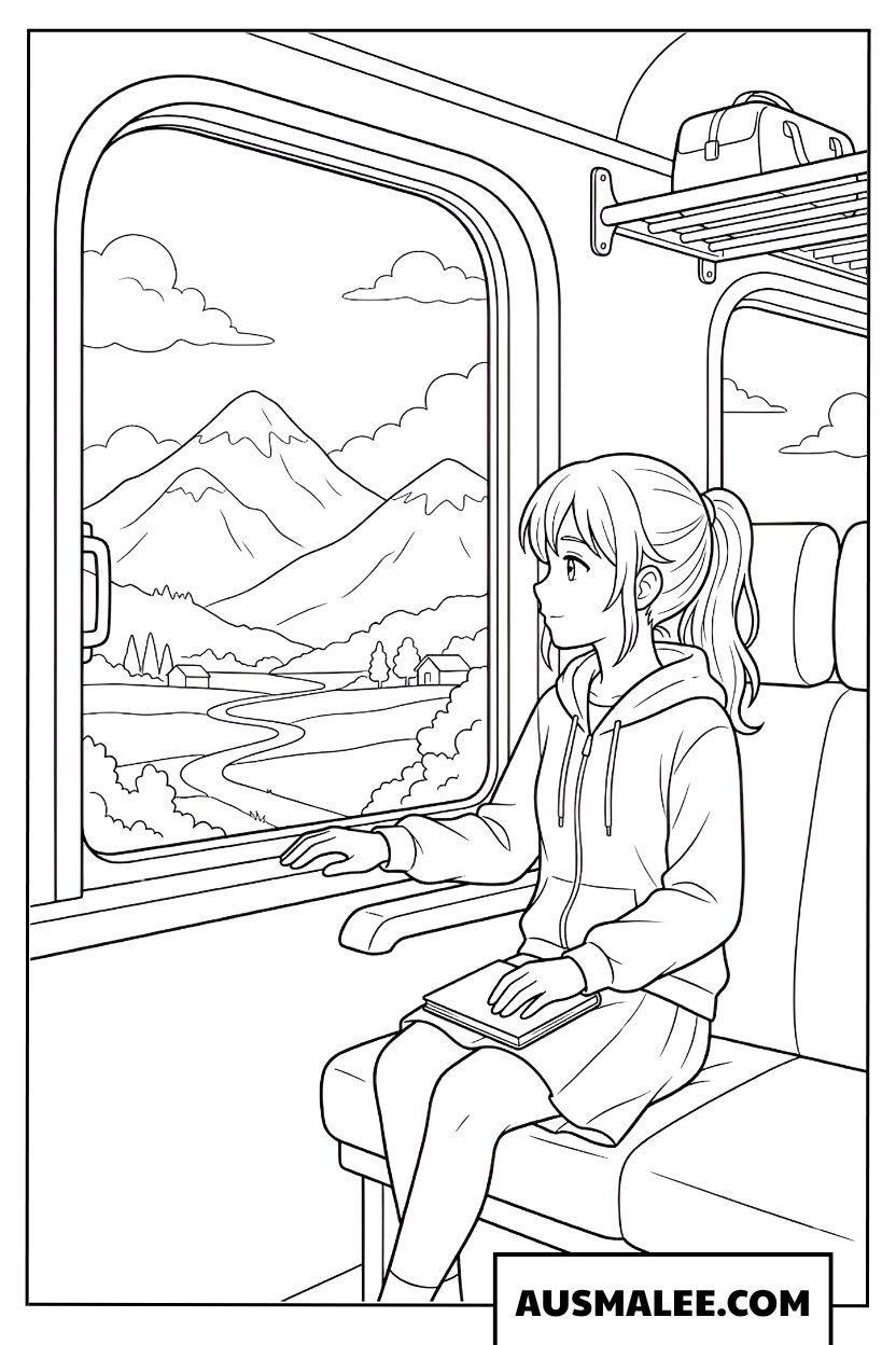 Fille anime dans le train coloriage