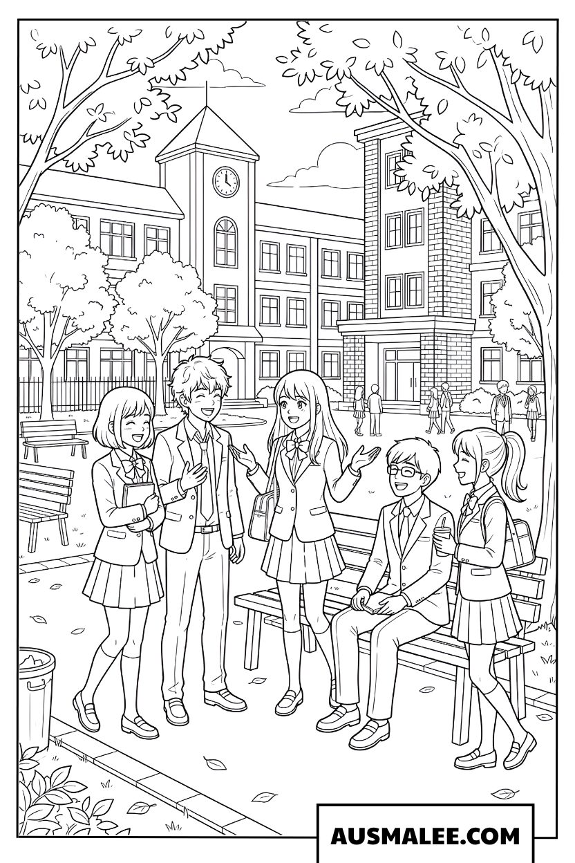 Élèves anime devant l’école coloriage