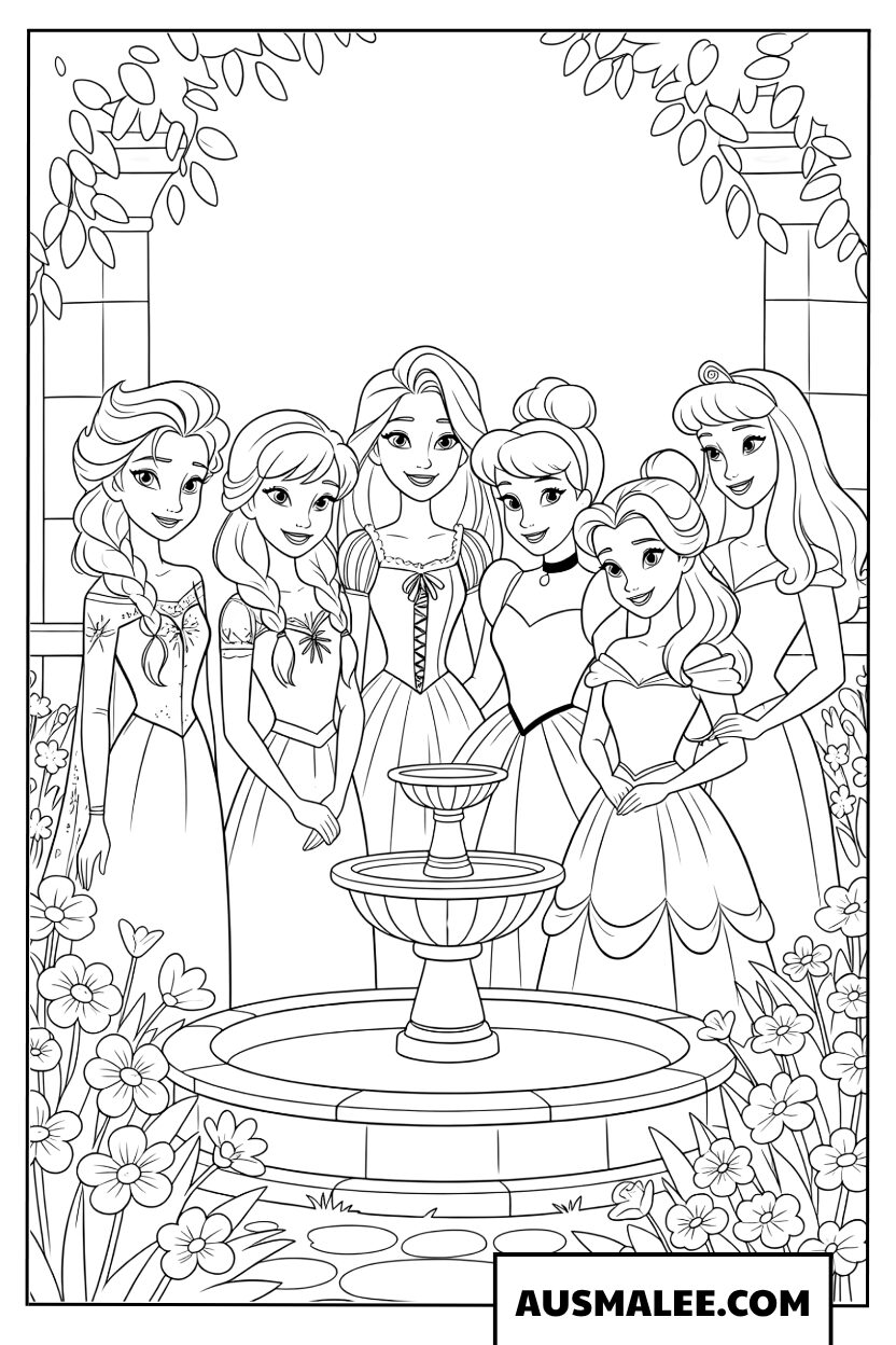 Coloriage princesses Disney près d’une fontaine
