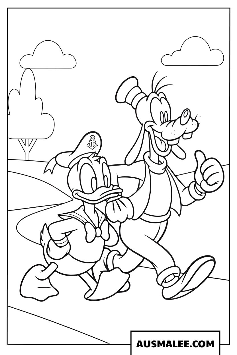 Kleurplaat Donald Duck en Goofy tijdens een wandeling
