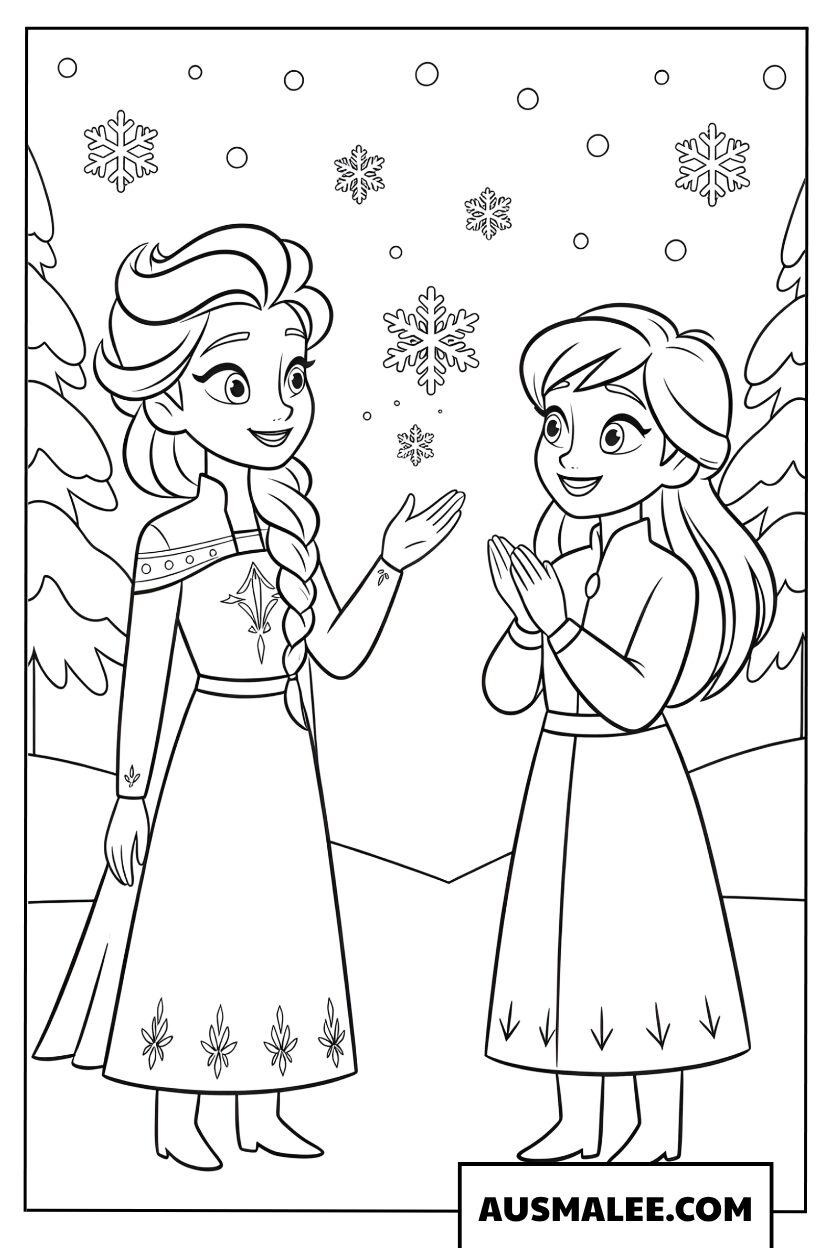Coloriage Elsa et Anna en hiver