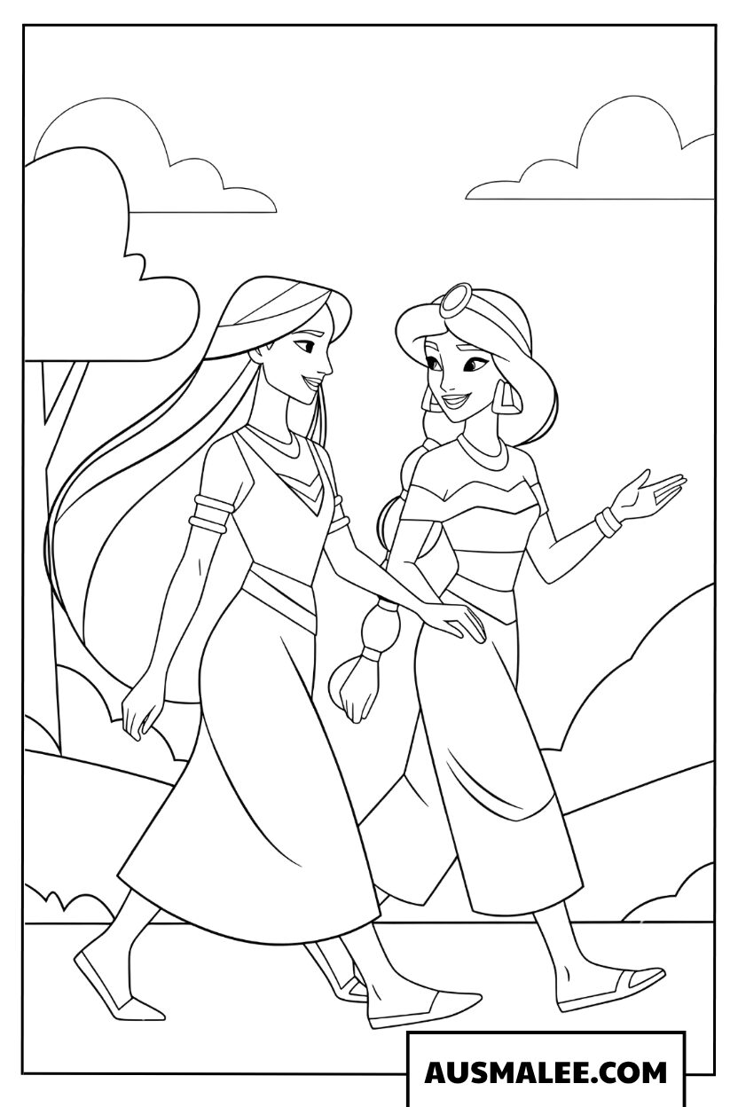 Coloriage Jasmine et Pocahontas en promenade