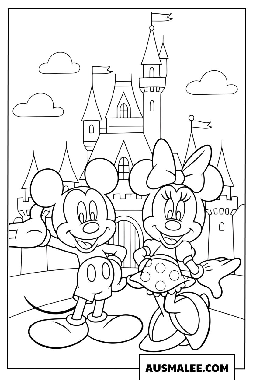 Mickey en Minnie kleurplaat voor een kasteel