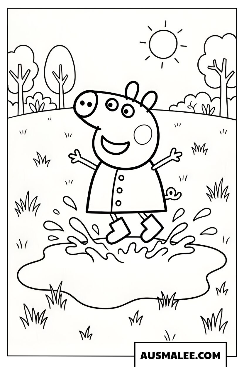 Peppa Pig coloring page jumping in a puddle