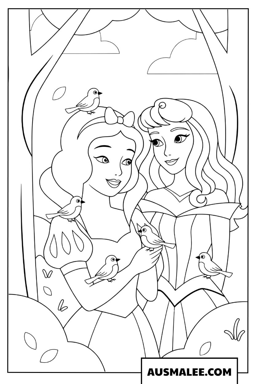 Coloriage Blanche-Neige et Aurore avec de petits oiseaux