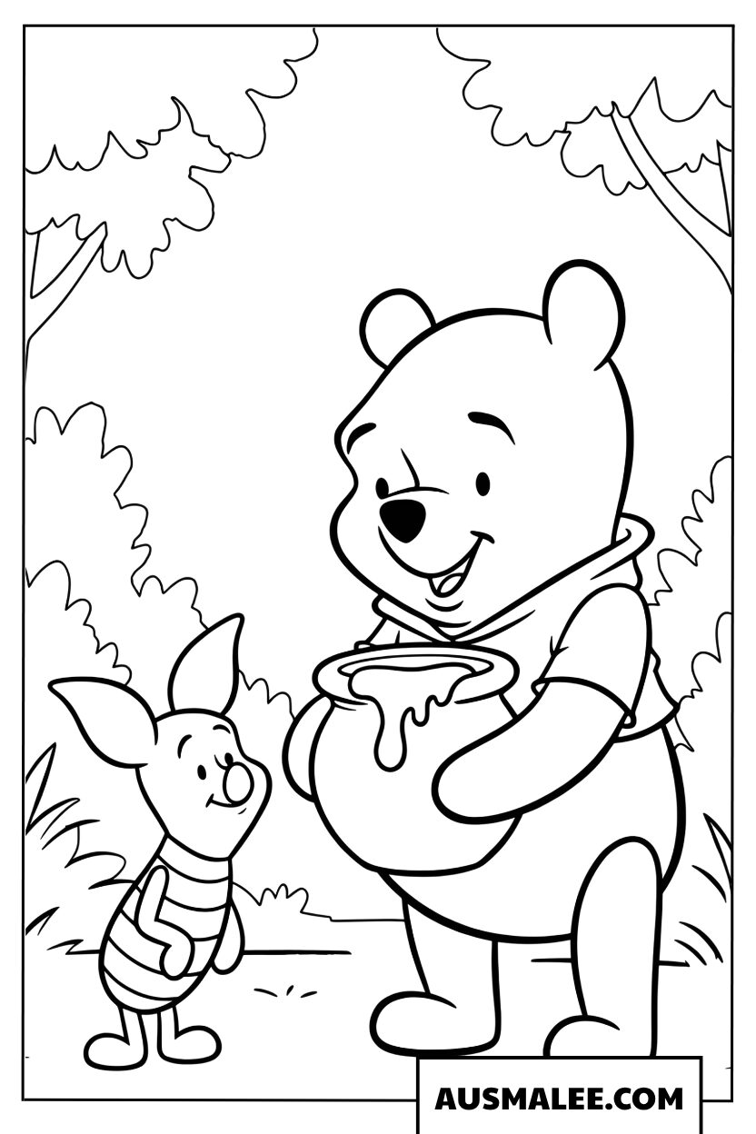 Winnie de Poeh en Knorretje kleurplaat met een honingpot