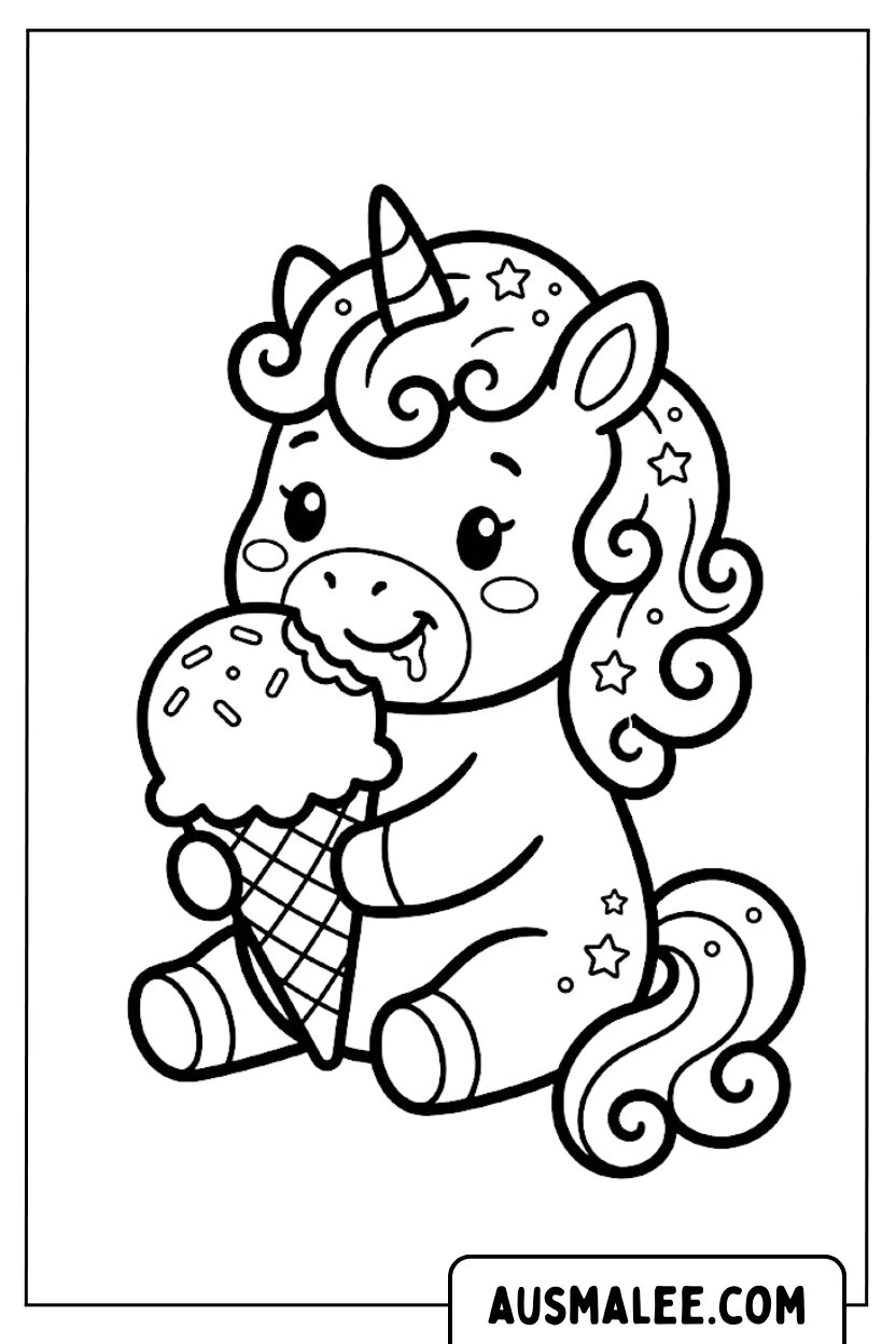 Coloriages de bébé licorne mangeant une glace
