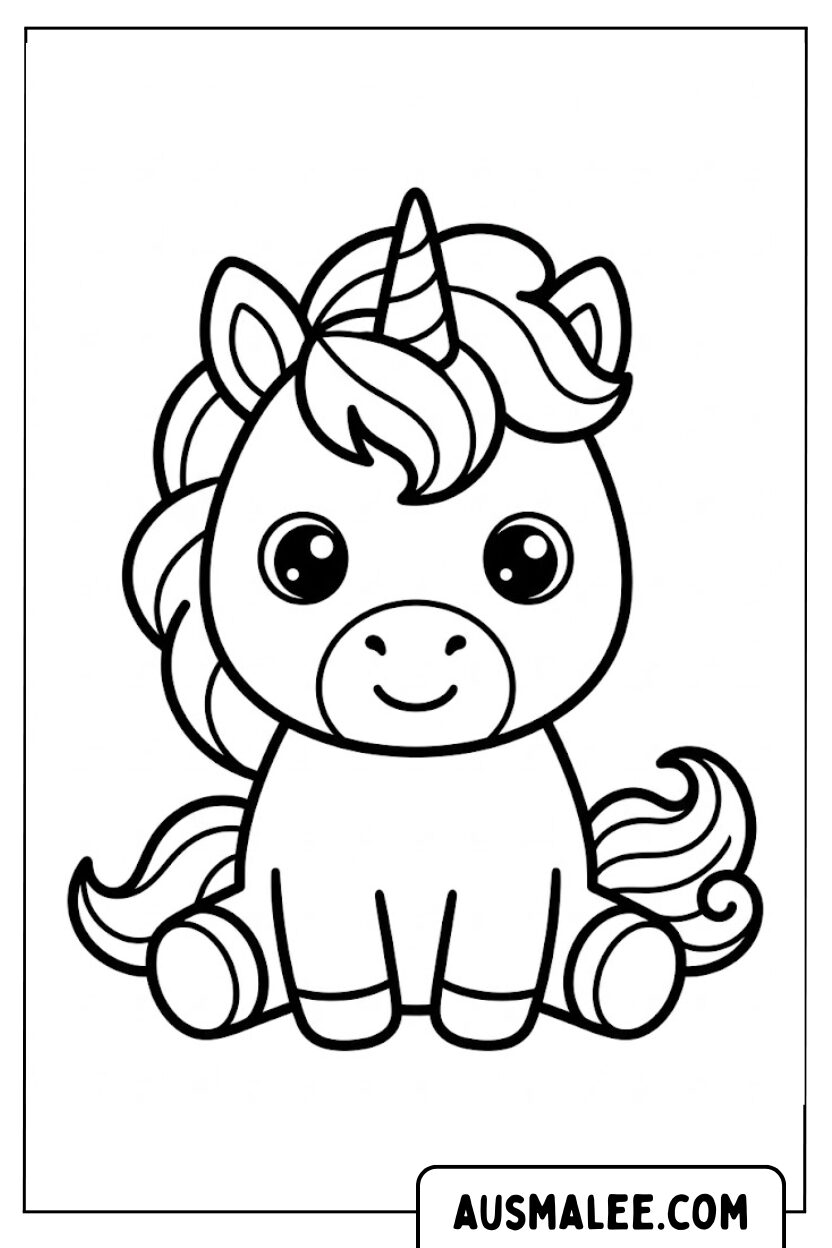 Coloriages de bébé licorne assis de face