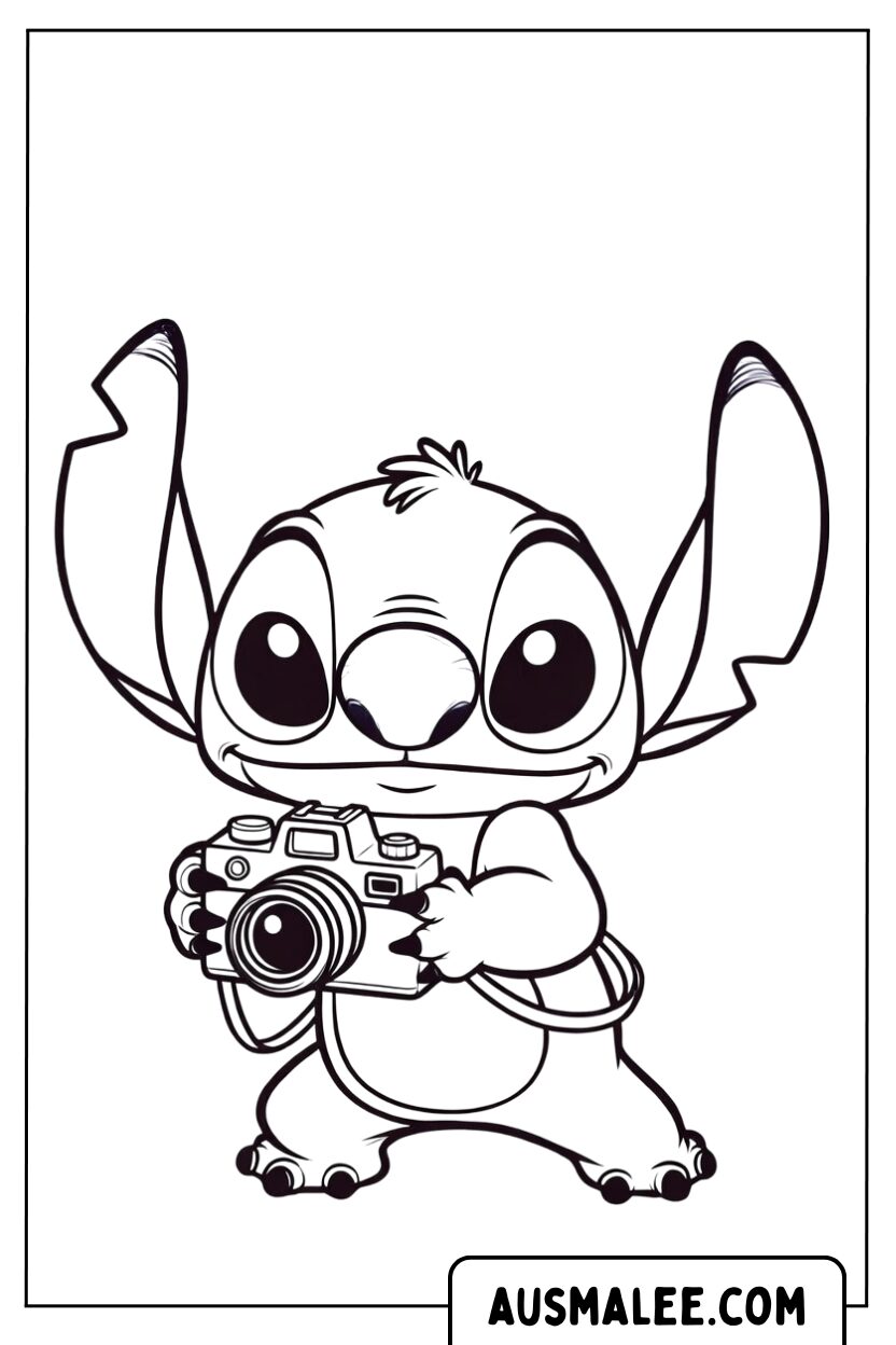 Kleurplaat Baby Stitch als fotograaf