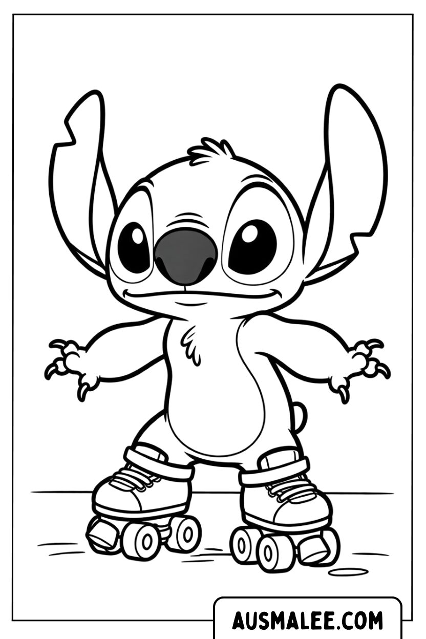 Kleurplaat Baby Stitch op rolschaatsen