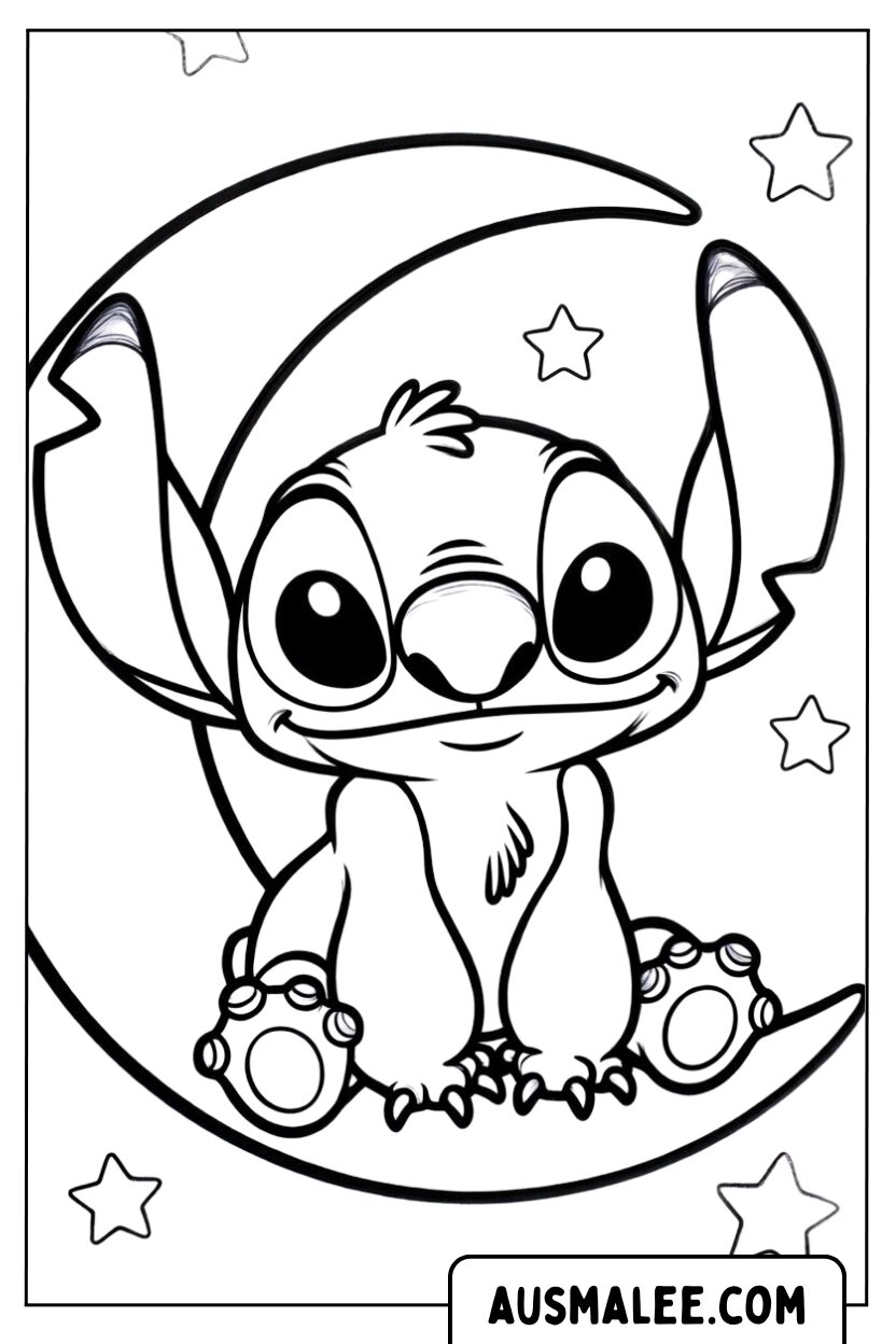 Kleurplaat Baby Stitch op de maan
