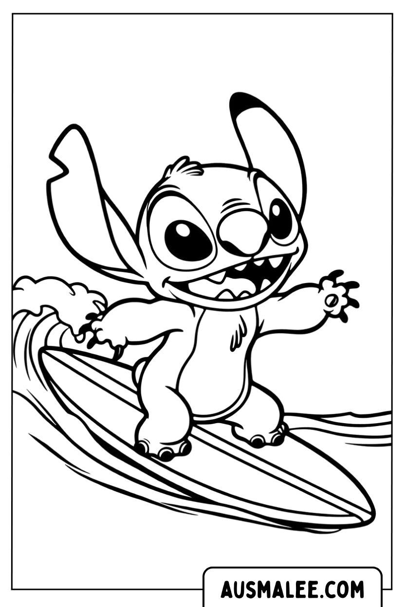 Kleurplaat Baby Stitch aan het surfen