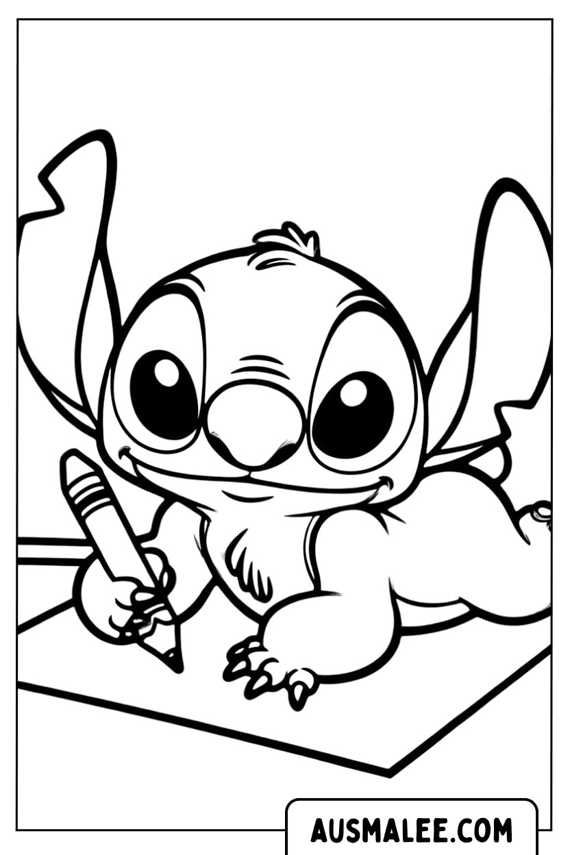 Kleurplaat Baby Stitch aan het tekenen