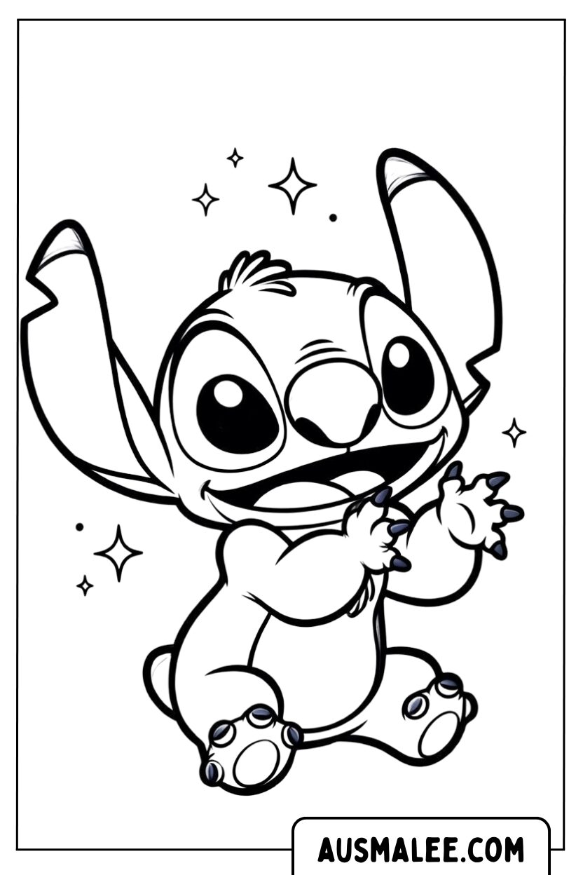 Kleurplaat Baby Stitch gelukkig glinsterend